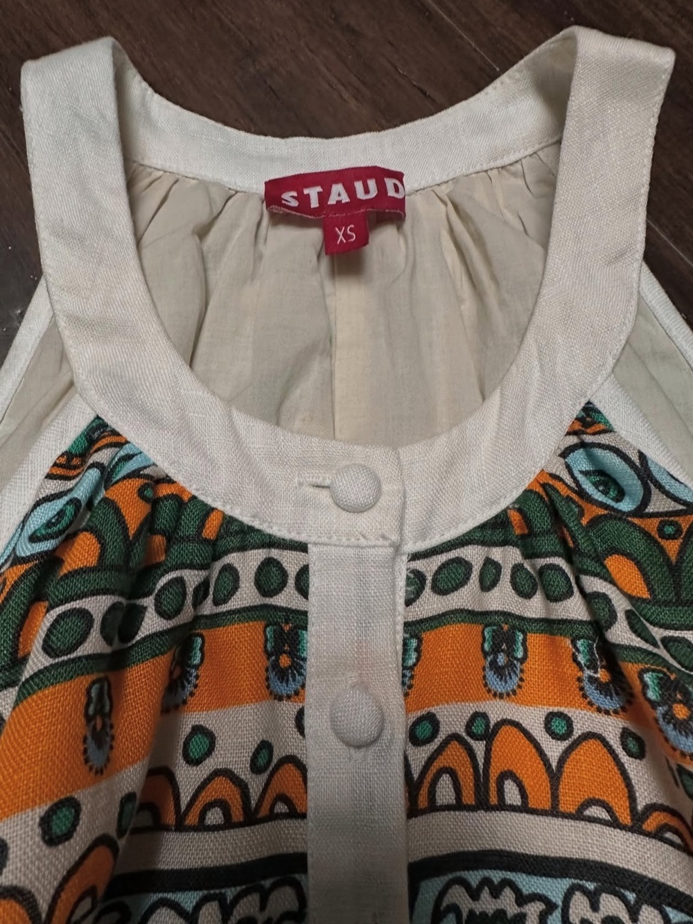 STAUD Sleeveless Printed Maxi Dress in Teal, Mustard & White - Picture 7 of 9